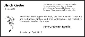Traueranzeige von Ulrich Grebe von Siegener Zeitung