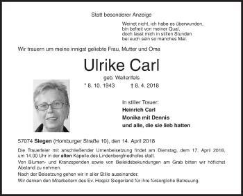 Traueranzeige von Ulrike Carl von Siegener Zeitung