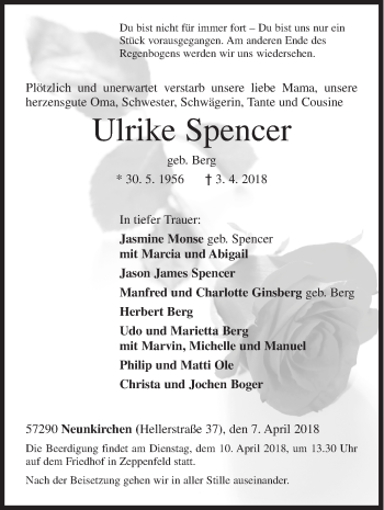Traueranzeige von Ulrike Spencer von Siegener Zeitung