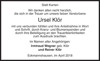 Traueranzeige von Ursel Klör von Siegener Zeitung