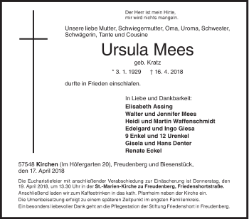 Traueranzeige von Ursula Mees von Siegener Zeitung