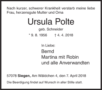Traueranzeige von Ursula Polte von Siegener Zeitung