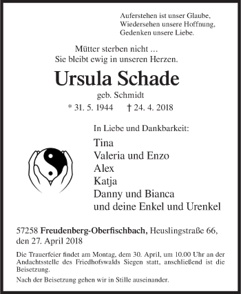 Traueranzeige von Ursula Schade von Siegener Zeitung