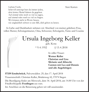 Traueranzeige von Ursula Ingeborg Keller von Siegener Zeitung