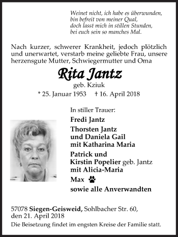 Traueranzeige von Uta Jantz von Siegener Zeitung