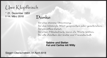 Traueranzeige von Uwe Klopfleisch von Siegener Zeitung