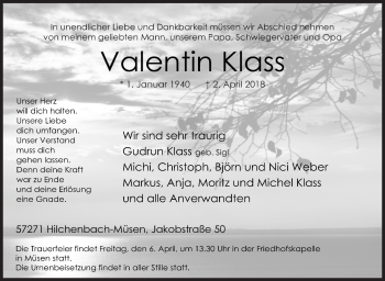 Traueranzeige von Valentin Klass von Siegener Zeitung