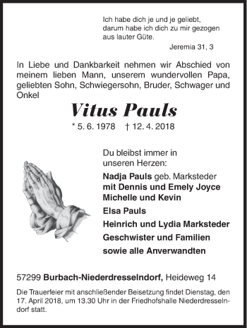 Traueranzeige von Vitus Pauls von Siegener Zeitung