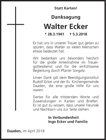 Traueranzeige von Walter Ecker von Siegener Zeitung