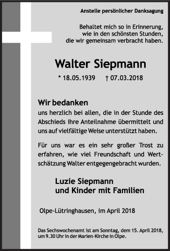 Traueranzeige von Walter Siepmann von Siegener Zeitung
