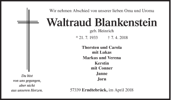 Traueranzeige von Waltraud Anna Pauline Blankenstein von Siegener Zeitung