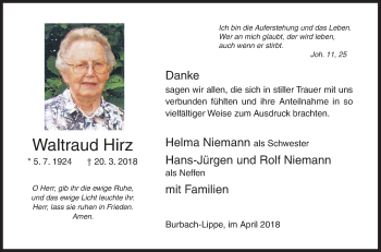 Traueranzeige von Waltraud Hirz von Siegener Zeitung