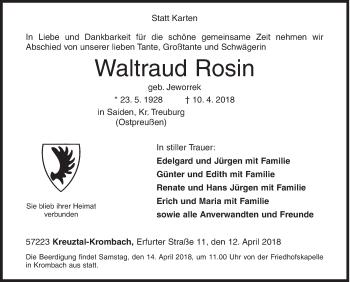 Traueranzeige von Waltraud Rosin von Siegener Zeitung