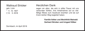 Traueranzeige von Waltraud Stricker von Siegener Zeitung