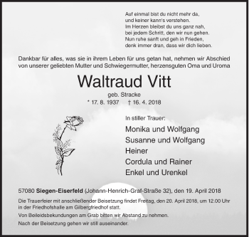 Traueranzeige von Waltraud Vitt von Siegener Zeitung