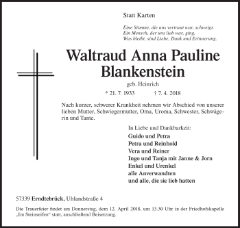 Traueranzeige von Waltraud Anna Pauline Blankenstein von Siegener Zeitung