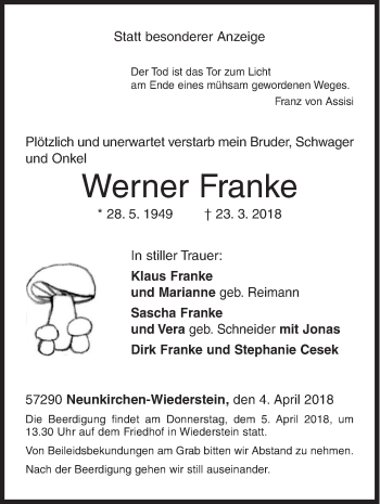 Traueranzeige von Werner Franke von Siegener Zeitung