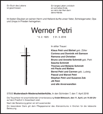 Traueranzeige von Werner Petri von Siegener Zeitung