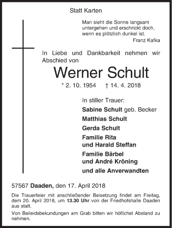 Traueranzeige von Werner Schult von Siegener Zeitung
