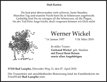 Traueranzeige von Werner Wickel von Siegener Zeitung