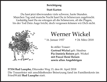 Traueranzeige von Werner Wickel von Siegener Zeitung