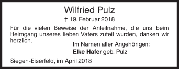 Traueranzeige von Wilfried Pulz von Siegener Zeitung