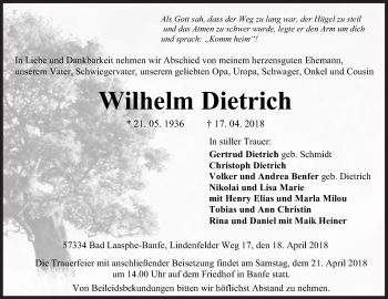Traueranzeige von Wilhelm Dietrich von Siegener Zeitung