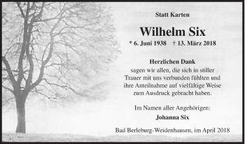 Traueranzeige von Wilhelm Six von Siegener Zeitung