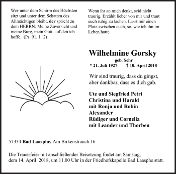 Traueranzeige von Wilhelmine Gorsky von Siegener Zeitung