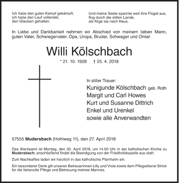 Traueranzeige von Willi Kölschbach von Siegener Zeitung