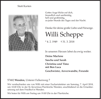 Traueranzeige von Willi Scheppe von Siegener Zeitung