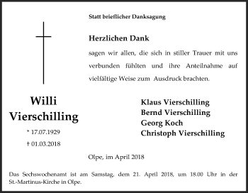 Traueranzeige von Willi Vierschilling von Siegener Zeitung