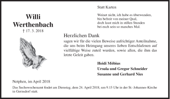 Traueranzeige von Willi Werthenbach von Siegener Zeitung