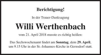 Traueranzeige von Willi Werthenbach von Siegener Zeitung