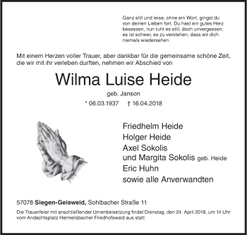 Traueranzeige von Wilma Luise Heide von Siegener Zeitung