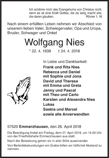 Traueranzeige von Wolfgang Nies von Siegener Zeitung