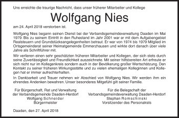 Traueranzeige von Wolfgang Nies von Siegener Zeitung