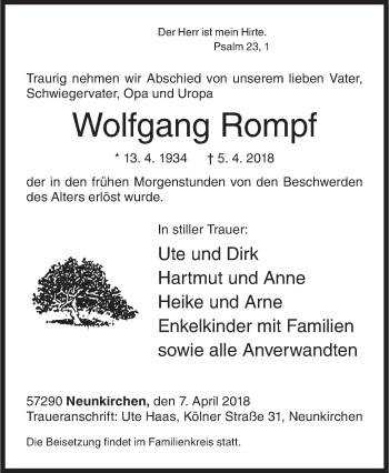 Traueranzeige von Wolfgang Rompf von Siegener Zeitung