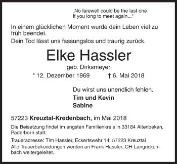 Traueranzeige von Elke Hassler von Siegener Zeitung