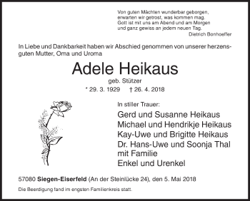 Traueranzeige von Adele Heikaus von Siegener Zeitung