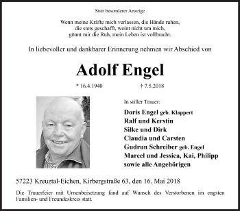 Traueranzeige von Adolf Engel von Siegener Zeitung