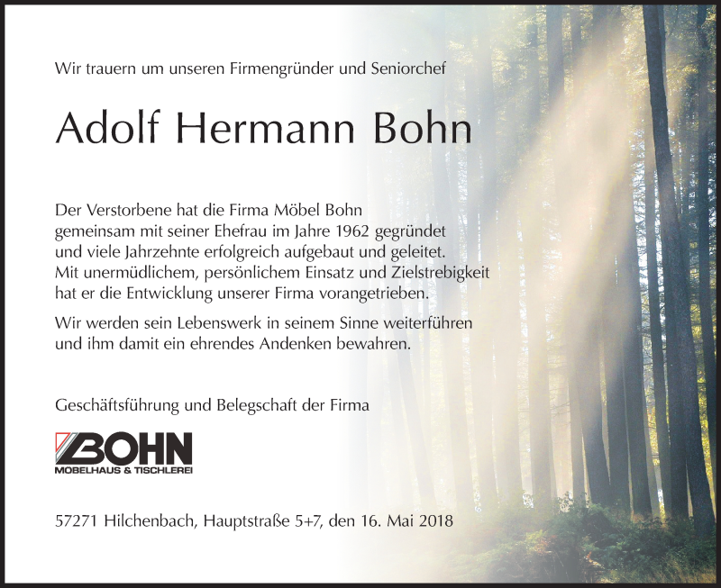  Traueranzeige für Adolf Hermann Bohn vom 16.05.2018 aus Siegener Zeitung