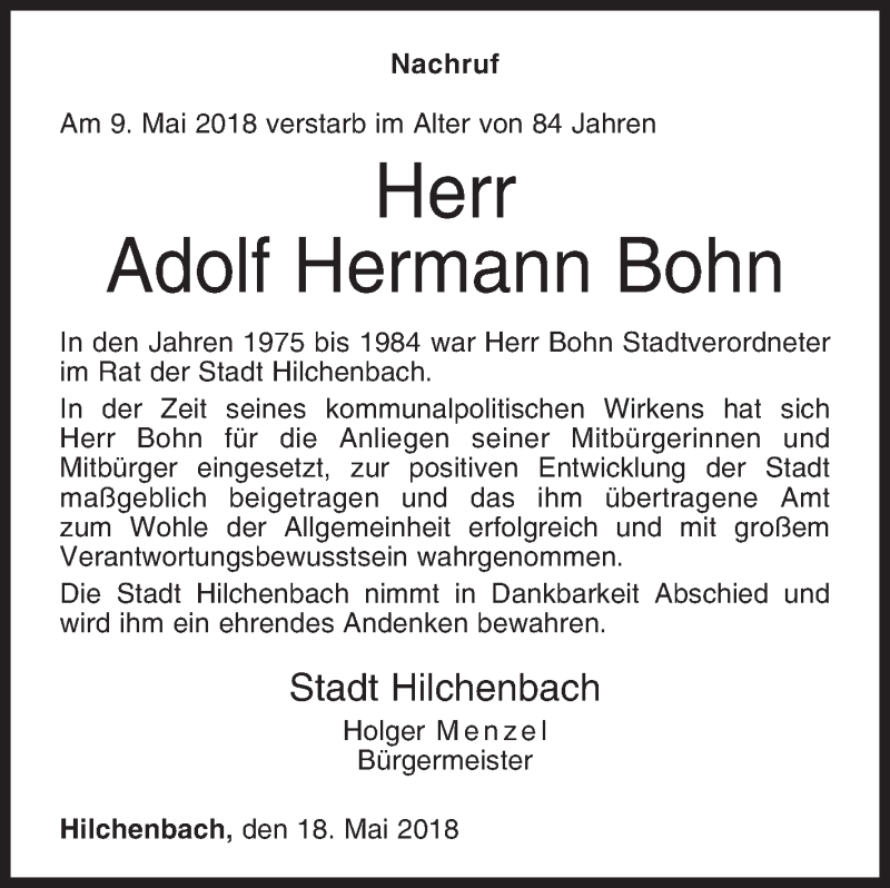  Traueranzeige für Adolf Hermann Bohn vom 18.05.2018 aus Siegener Zeitung