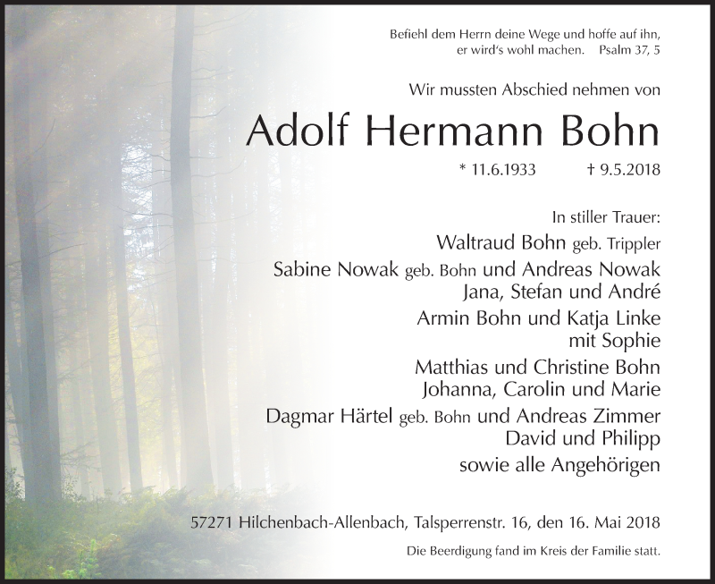  Traueranzeige für Adolf Hermann Bohn vom 16.05.2018 aus Siegener Zeitung