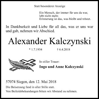 Traueranzeige von Alexander Kalczynski von Siegener Zeitung