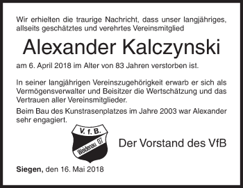 Traueranzeige von Alexander Kalczynski von Siegener Zeitung