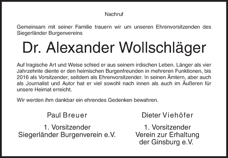  Traueranzeige für Alexander Wollschläger vom 16.05.2018 aus Siegener Zeitung