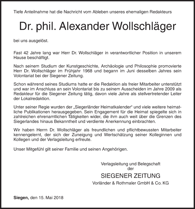  Traueranzeige für Alexander Wollschläger vom 15.05.2018 aus Siegener Zeitung