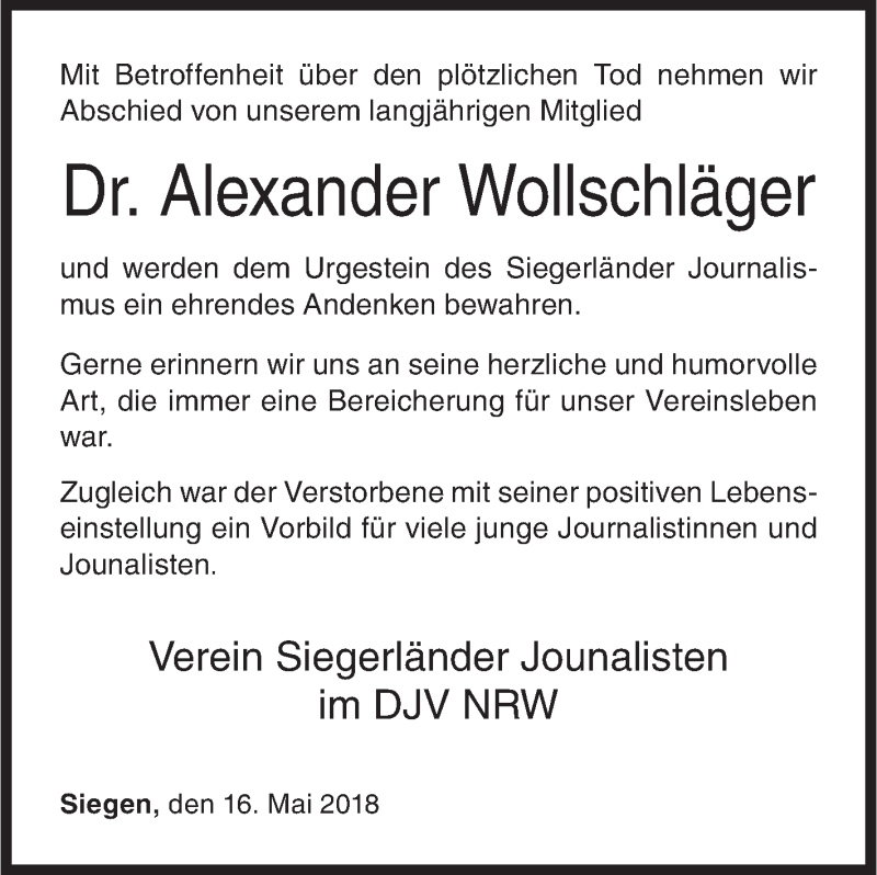  Traueranzeige für Alexander Wollschläger vom 16.05.2018 aus Siegener Zeitung