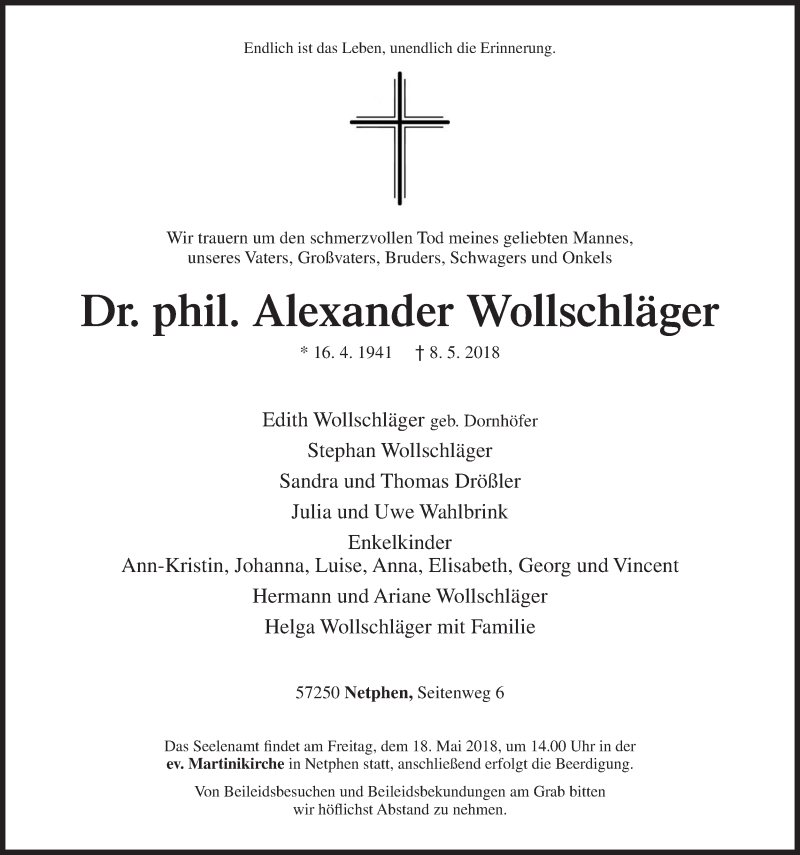  Traueranzeige für Alexander Wollschläger vom 15.05.2018 aus Siegener Zeitung
